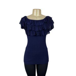 Tracy M. Navy Blue Ruffled Sleeveless and Collar Fitted Shirt Sz M